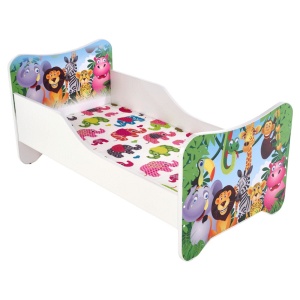 Pat pentru copii HM Happy Jungle, Pal melaminat, cu saltea inclusa, 140x70 cm, multicolor