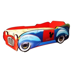 Pat pentru copii Mickey Car, Pal melaminat, margini rotunjite PVC, 2-12 ani, 170x84x55 cm, rosu albastru - Img 2