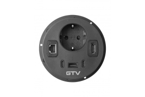Priza rotunda, 1 x Schuko, 3 x USB, HDMI, RJ45, incastrabila, neagra, Rondo, GTV - Img 2