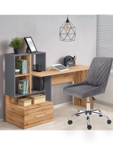Set birou cu spatii depozitare HM Grosso, rafturi, sertar, PAL melaminat, 149x50x105 cm, stejar auriu antracit si scaun copii HM Rico, ergonomic, stofa tip catifea, 100 kg, gri