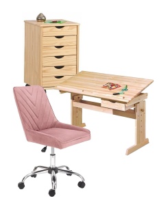 Set birou ergonomic HM Julia inaltime reglabila, unghi inclinare ajustabil, cu scaun HM Rico roz, catifea, 100 kg si dulapior rulant HM Nils, cu roti, lemn, natur