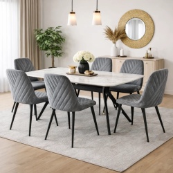 Set masa living Elegant FDT4 blat ceramica structura metalica 140x80x75 cm alb/gri si 6 scaune Doina FDC2 tapiterie catifea 90 kg, gri