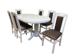 Set masa living extensibila SB Nork, MDF Furniruit, structura lemn masiv, 8 persoane, 198-160x90x74 cm si 6 scaune, tapiterie stofa, lacuit, 120 kg, alb maro - Img 3