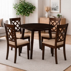 Set masa living plianta Philadelphia, MDF, lemn masiv, rotunda, 55 90 x 90 x 74,8 cm si 4 scaune Vienna, tapiterie stofa, 94x49x40 cm, nuc