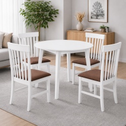 Set masa living plianta Philadelphia, MDF, lemn masiv, rotunda, 55 90 x 90 x 74,8 cm si 4 scaune Glendale, stofa,100 kg, 93x49x41.5 cm, alb maro - Img 2