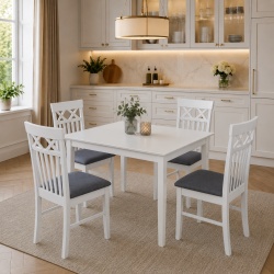 Set masa living si bucatarie Bali, MDF, 112x72x74 cm si 4 scaune Rebecca, stofa,100 kg, 94x49x43.5 cm, alb gri