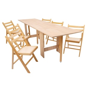 Set masa plianta 12 persoane, Pal Melaminat, insertii lemn masiv, 274x75x78 cm si 6 scaune pliante, tapiterie piele ecologica, fag - Img 2