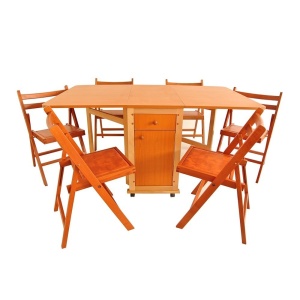 Set masa plianta cu spatiu depozitare, usa si sertar, Pal Melaminat, 160x96x80 cm si 6 scaune pliante lemn, tapitate cu piele ecologica, cires - Img 2