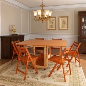 Set masa plianta cu spatiu depozitare Util, pentru living si bucatarie, PAL, structura lemn masiv, cu role, 160x96x80 cm si 6 scaune pliante, tapitate, piele ecologica, cires