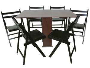 Set masa plianta Practic, bucatarie si living, Pal Melaminat, insertii lemn masiv, colturi rotunjite, 120x74x75 cm si 6 scaune pliante, tapitate, piele ecologica, wenge - Img 2