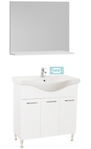 Set mobilier baie cu lavoar GN1531, front MDF cu lavoar ceramic, 80 cm, 3 usi, picioare reglabile cromate, balamale soft close si oglinda baie cu polita GN0551, dreptunghiulara, PAL, alb