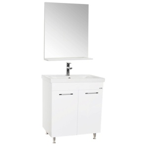Set mobilier baie GN0541, front MDF, cu lavoar ceramic, 60 cm, 2 usi, 2 rafturi, picioare cromate reglabile, balamale soft close si oglinda cu polita GN0671, dreptunghiulara, PAL, ALB