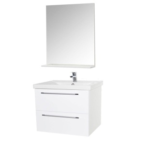 Set mobilier baie suspendat, cu lavoar ceramic, GN0541, front MDF, 60 cm, 2 sertare, glisiere soft close si oglinda cu polita GN0671, dreptunghiulara, PAL, alb - Img 1