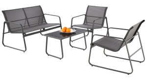 Set mobilier de gradina si terasa HM Conor, metalic, tapiterie textilena, cu canapea, fotolii si masuta cafea, 4 persoane, gri inchis