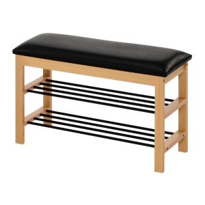 Suport pentru pantofi HM ST11, cu bancheta, lemn masiv, piele ecologica, 2 rafturi metalice, capacitate 8 perechi, negru natur - Img 1