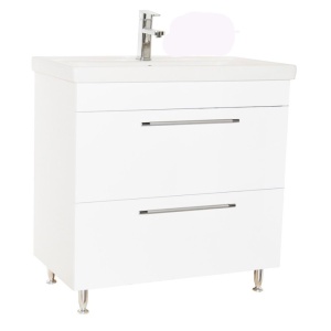 Baza si lavoar ceramic GN0541, mobilier baie 80 cm, 2 sertare front MDF, glisiere soft close, picioare cromate reglabile, alb