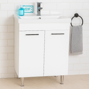Baza si lavoar ceramic GN0541, mobilier baie stativ 60 cm, front MDF, 2 usi, 2 rafturi, balamale soft close, picioare cromate reglabile, alb - Img 2
