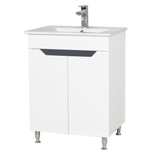Baza si lavoar ceramic GN0561, mobilier baie stativ 50 cm, front MDF, 2 usi, 2 rafturi, picioare cromate reglabile, alb antracit - Img 3