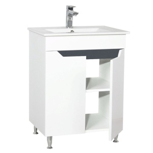 Baza si lavoar ceramic GN0561, mobilier baie stativ 60 cm, front MDF, 2 usi, 2 rafturi, picioare cromate reglabile, alb antracit - Img 2