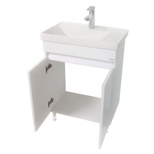 Baza si lavoar ceramic GN2861, mobilier baie stativ 60 cm, front MDF, 2 usi, 2 rafturi, picioare cromate reglabile, alb - Img 2