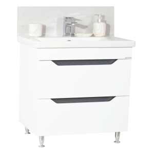 Baza si lavoar ceramic GN7561, mobilier baie stativ 80 cm, front MDF, 2 sertare, picioare cromate reglabile, alb antracit