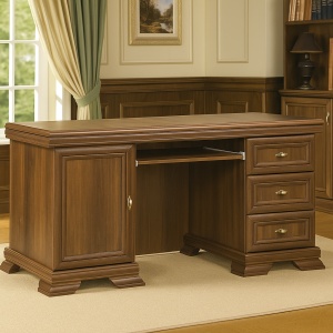Birou VMB, clasic, 3 sertare, usa, polita tastatura, Pal Melaminat, insertii MDF, Nuc