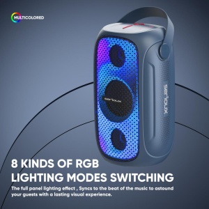 Boxa portabila Serioux PartyBoom, putere RMS: 55W, raport S/N >70dB, T.H.D.: <0.3%, frecventa : 40Hz~20KHz, baterie: 7.4V 3600Mah , functie TWS, functie Extra Bass, 8 moduri de iluminare RGB , IPX5 Waterproof/Bluetooth/USB/TF card/AUX - Img 5