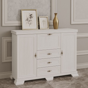Comoda living VM6P, o usa rabatabila pentru bar, 2 usi fixe, 3 sertare, Pal melaminat, cu insertii MDF, Alb Antichizat