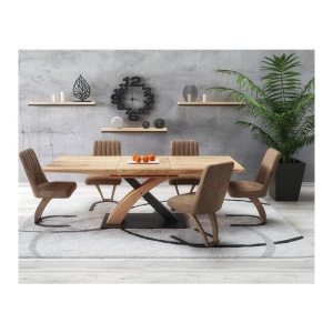 Masa extensibila living HM Sandor 3, blat MDF, cadru metal vopsit, 160-220x90x77 cm, 10 persoane, stejar auriu negru