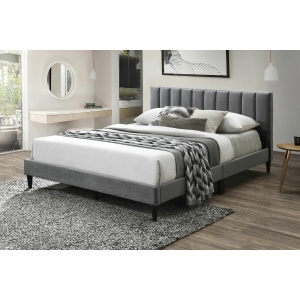 Pat dublu KL Amalia, tapitat cu catifea, somiera inclusa, structura lemn masiv, 160x200 cm, gri