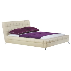 Pat HM Bonita, dublu, tapitat cu piele ecologica, lemn masiv, cu somiera, 160x200, bej - Img 2