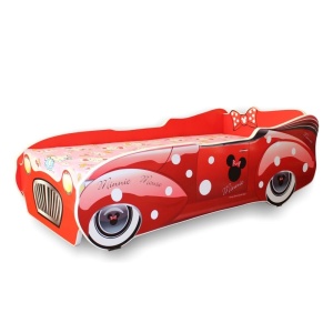 Pat pentru copii Minnie Car, Pal melaminat, margini rotunjite PVC, 2-12 ani, 170x84x55 cm, rosu
