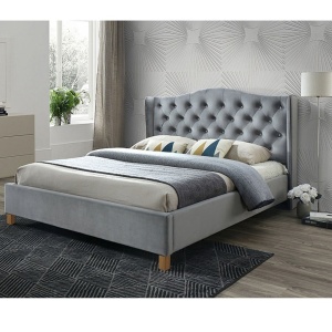 Pat SL Aspen, matrimonial, lemn masiv, tapitat cu catifea, cu somiera, 160x200, gri - Img 2