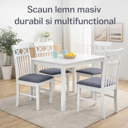 Scaun de living si bucatarie din lemn masiv Rebecca, tapiterie stofa,100 kg, 94x49x43.5 cm, alb gri - Img 3