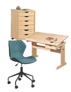 Set birou ergonomic HM Julia inaltime reglabila, unghi inclinare ajustabil, cu scaun HM Matrix negru turcoaz, stofa, 100 kg si dulapior rulant HM Nils, cu roti, lemn, natur