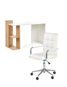 Set birou HM Fino, 2 rafturi, PAL melaminat, 122x57x85 cm, stejar auriu si scaun copii HM Gonzo 2, Ergonomic, tapitat cu piele ecologica, cu brate, 90 Kg, Alb