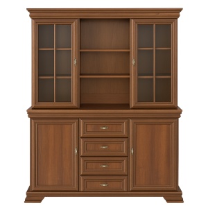 Set comoda living si dormitor, VM3, 4 sertare, 2 usi si vitrina suprapozabila VMN4, 2 usi, 2 polite, Pal melaminat, cu insertii MDF, Nuc - Img 2