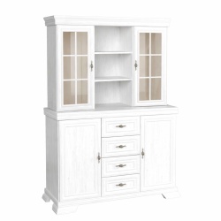 Set comoda living si dormitor, VM3, 4 sertare, 2 usi si vitrina suprapozabila VMN4, 2 usi, 2 polite, Pal melaminat, cu insertii MDF, Alb Antichizat - Img 5