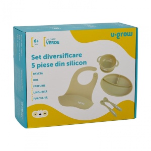 Set diversificare 5 piese silicon : baveta, bol, farfurie, lingurita si furculita, olive, U-Grow - Img 7