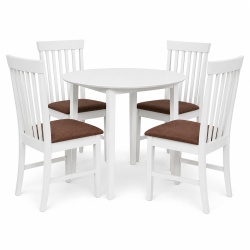 Set masa bucatarie Sophia, MDF, rotunda, 90x74 cm si 4 scaune Glendale, stofa,100 kg, 93x49x41.5 cm, alb maro - Img 2