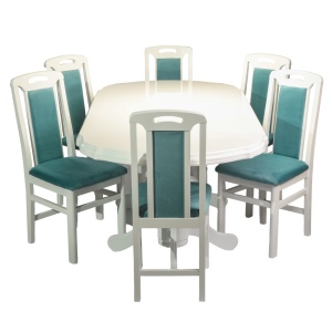 Set masa living extensibila SB Nork, MDF Furniruit, structura lemn masiv, 8 persoane, 198-160x90x74 cm si 6 scaune, tapiterie stofa, lacuit, 120 kg, alb turcoaz - Img 3