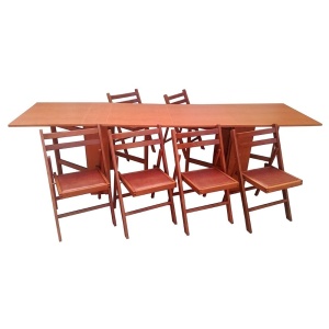 Set masa plianta 12 persoane, Pal Melaminat, insertii lemn masiv, 274x75x78 cm si 6 scaune pliante, tapiterie piele ecologica, cires - Img 2