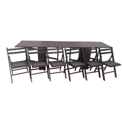 Set masa plianta 12 persoane, Pal Melaminat, insertii lemn masiv, 274x75x78 cm si 6 scaune pliante, tapiterie piele ecologica, stejar sonoma