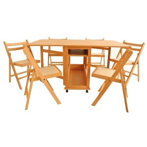 Set masa plianta cu spatiu depozitare Util, pentru living si bucatarie, PAL, structura lemn masiv, cu role, 160x96x80 cm si 6 scaune pliante, tapitate, piele ecologica, fag - Img 2