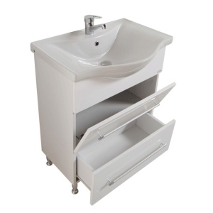 Set mobilier baie cu lavoar ceramic, GN1871, front MDF, un sertar, o usa, 65 cm, picioare cromate reglabile, manere cromate si oglinda cu dulap GN0201, dreptunghiulara, PAL, iluminare led, 2 rafturi, alb - Img 3