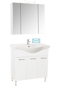 Set mobilier baie cu lavoar GN1531, front MDF cu lavoar ceramic, 80 cm, 3 usi, picioare reglabile cromate, balamale soft close si dulap cu oglinda Celine, PAL, iluminare led, alb