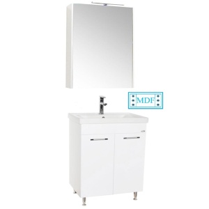 Set mobilier baie GN0541, front MDF, cu lavoar ceramic, 60 cm, 2 usi, 2 rafturi, picioare cromate reglabile, balamale soft close si dulap cu oglinda GN5011, MDF, iluminare led, alb