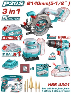 TOTAL - KIT COMBO 20V - FIERASTRAU CIRCULAR, MASINA DE GAURIT CU IMPACT, SLEFUITOR (INCLUDE 2 ACUMUL
