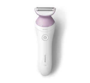 Aparat de ras fara fir umed si uscat PHILIPS Lady Shaver Seria 6000 BRL136/00, Wet&Dry, 40 min utilizare, Manusa exfoliere, Alb/Mov, L x A x I (mm) 60x120x185