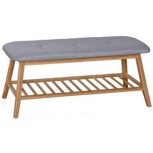 Bancheta cu suport pentru pantofi HM ST15, lemn masiv, stofa, capacitate 10 perechi, gri natur - Img 2
